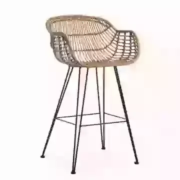 Pair of Woven Rattan Carver Bar Stool with Black Metal Legs
